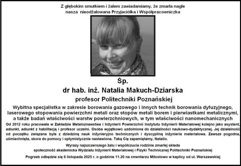 Śp. dr hab. inż. Natalia Makuch-Dziarska,  profesor PP